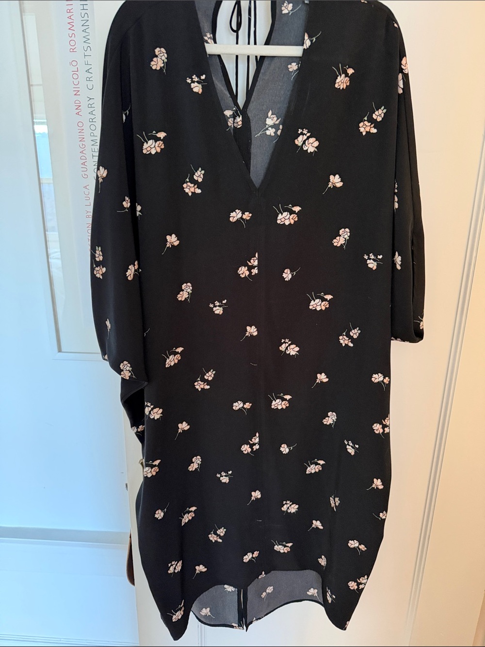 OAK + FORT Black Midi Dress with Light Pink Floral Print